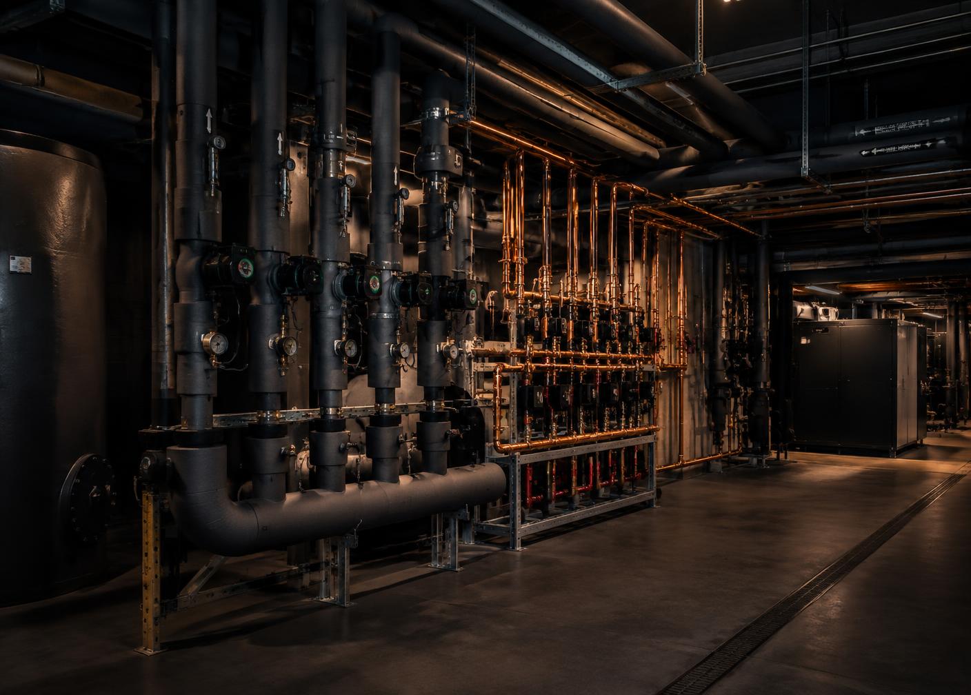 Mechanical room with copper and insulated steel piping