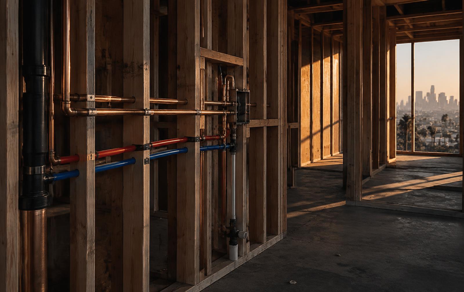 Plumbing rough-in inside a framed new-construction house overlooking Los Angeles