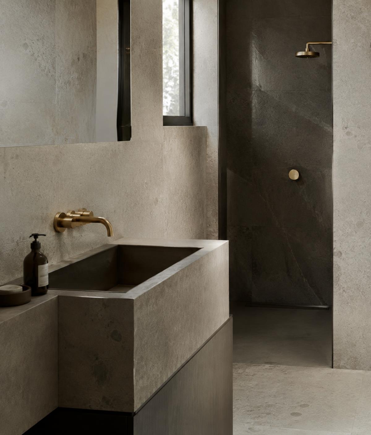 Stone bathroom with brushed brass fixtures